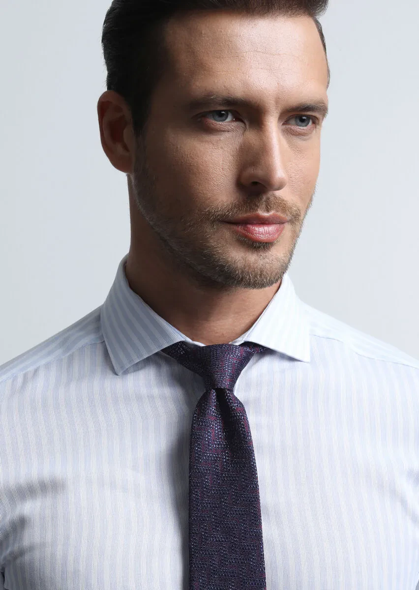 Mavi Çizgili Slim Fit Dokuma Klasik %100 Pamuk Gömlek - 3