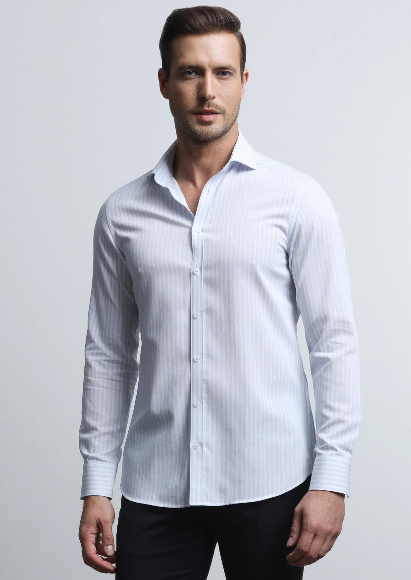 Mavi Çizgili Slim Fit Dokuma Klasik %100 Pamuk Gömlek - 4