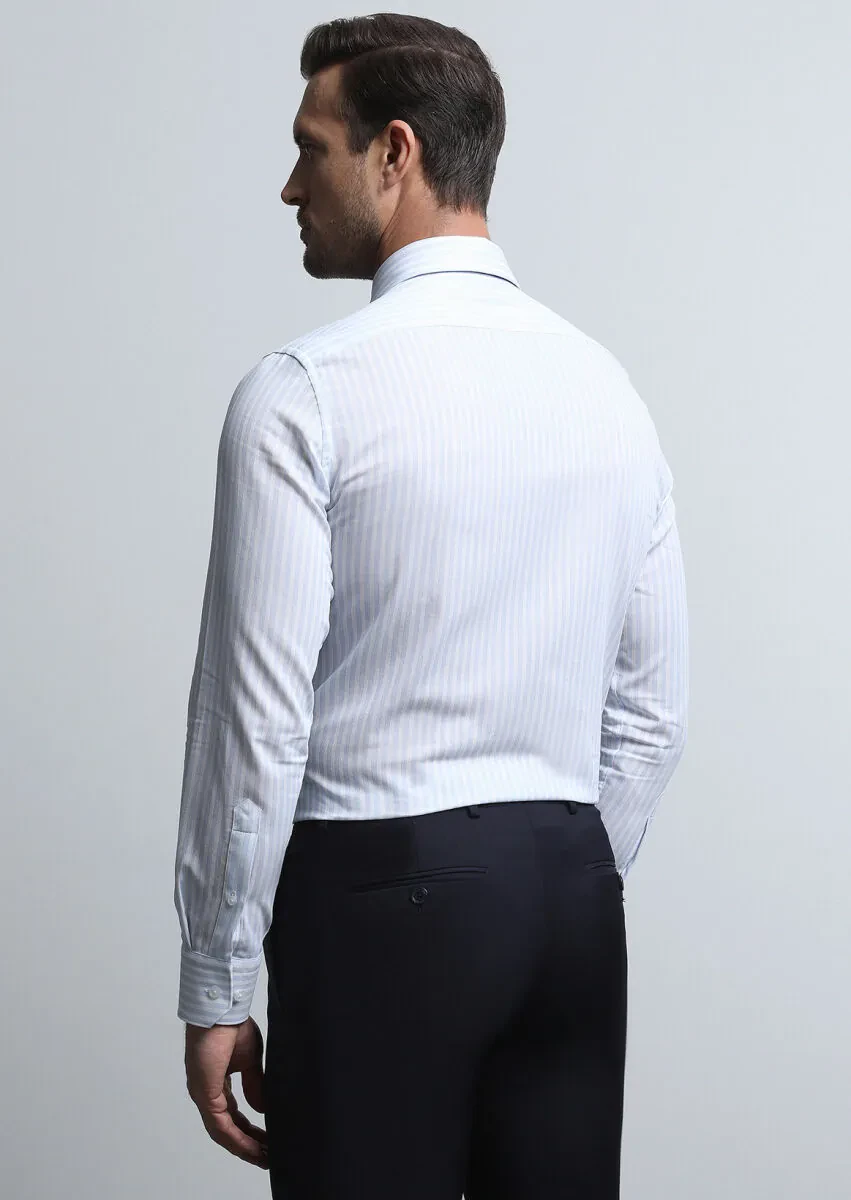 Mavi Çizgili Slim Fit Dokuma Klasik %100 Pamuk Gömlek - 5