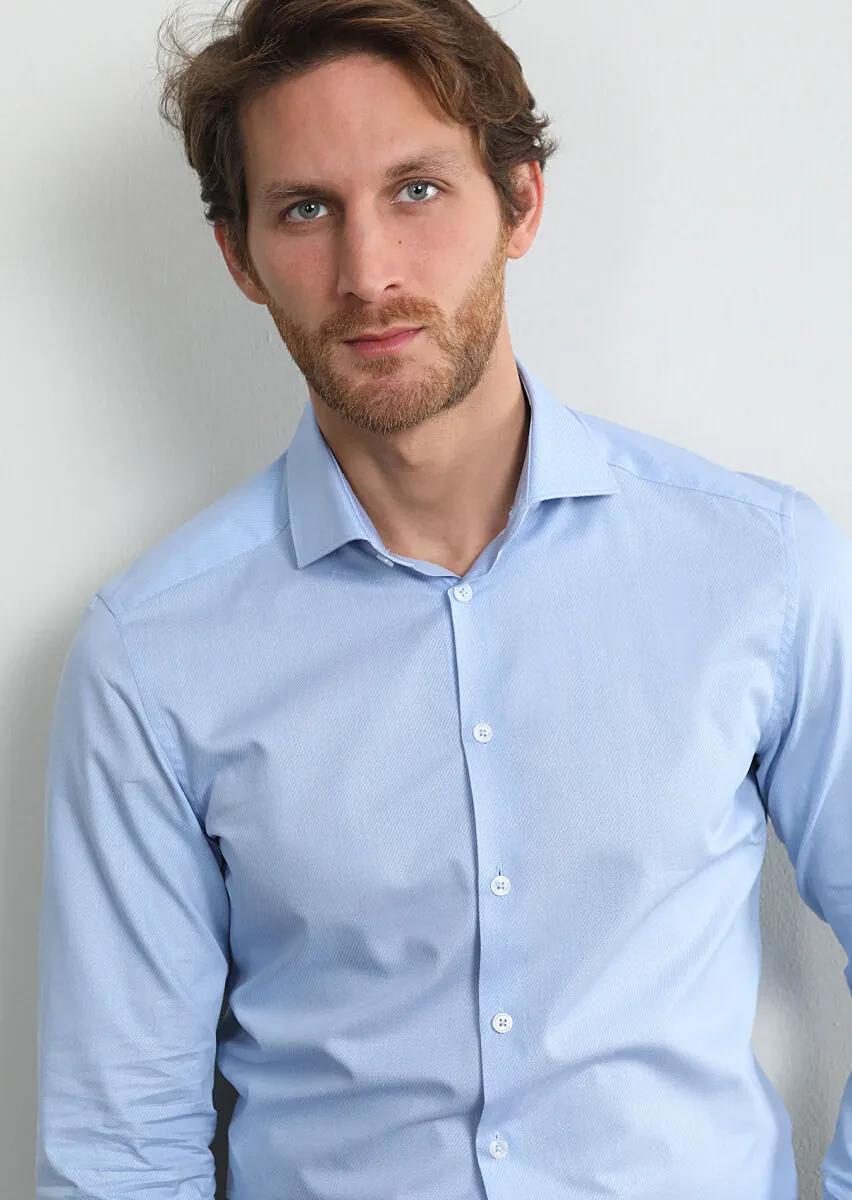 Mavi Çizgili Slim Fit Dokuma Klasik %100 Pamuk Gömlek - 1