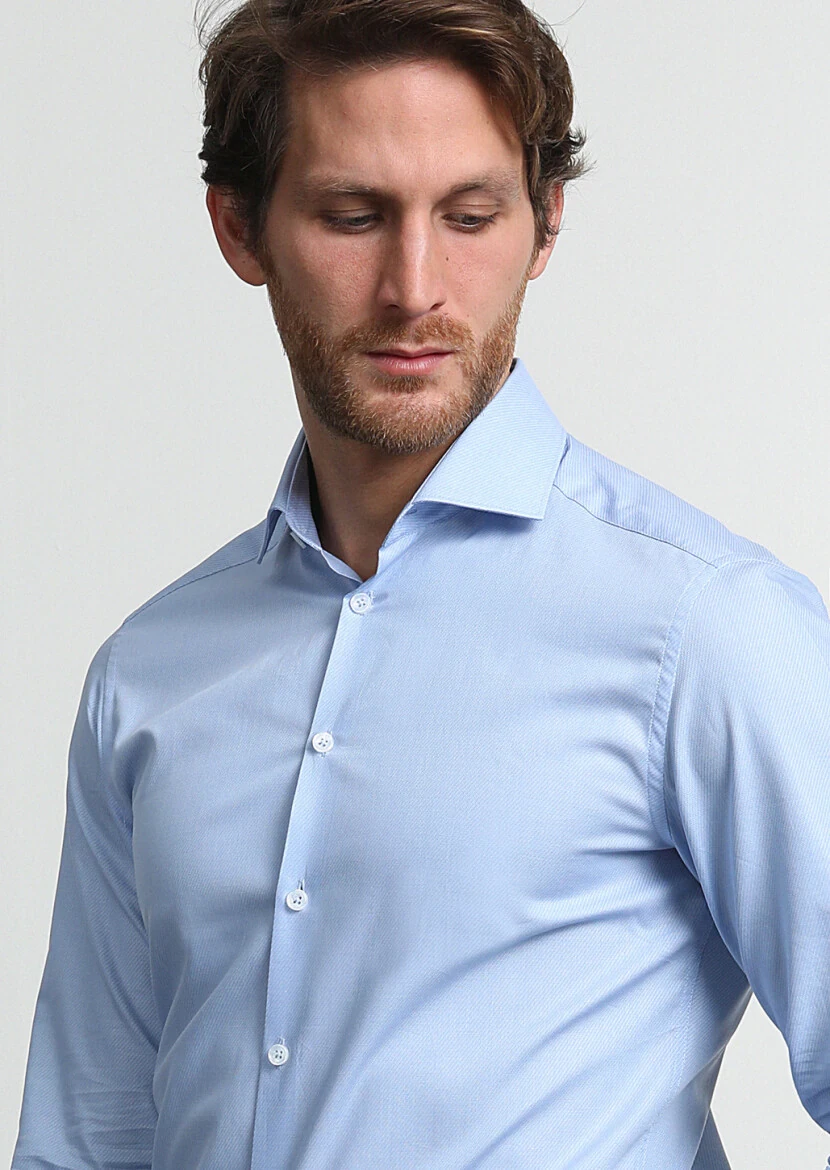 Mavi Çizgili Slim Fit Dokuma Klasik %100 Pamuk Gömlek - 2