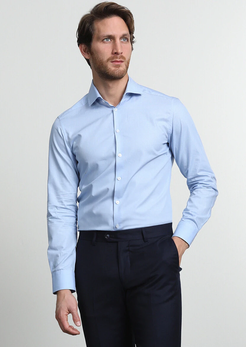 Mavi Çizgili Slim Fit Dokuma Klasik %100 Pamuk Gömlek - 3