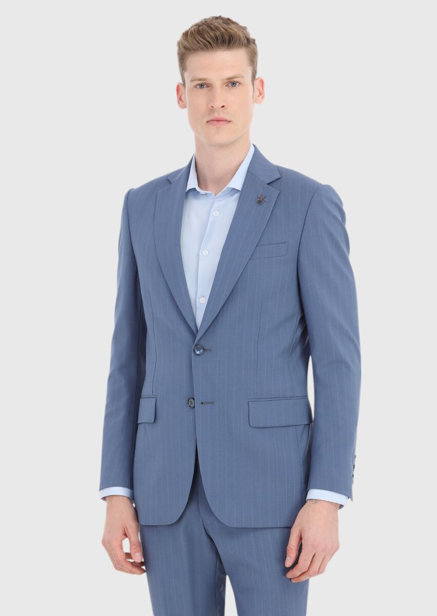 Mavi Çizgili Thin&taller Slim Fit %100 Yün Takım Elbise - 2