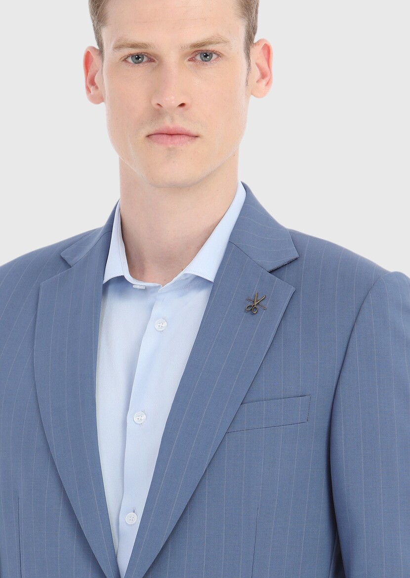 Mavi Çizgili Thin&taller Slim Fit %100 Yün Takım Elbise - 3