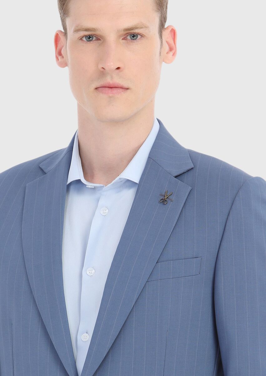 Mavi Çizgili Thin&taller Slim Fit %100 Yün Takım Elbise - 3