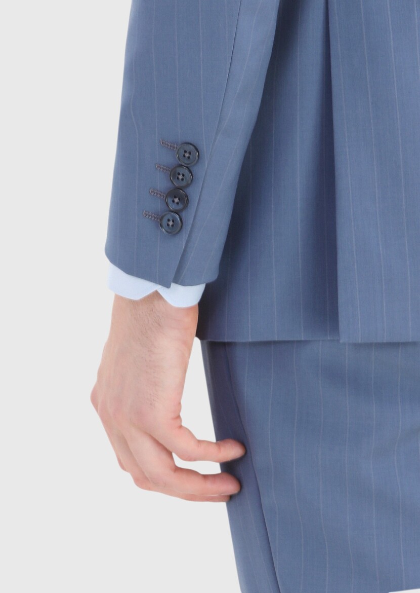 Mavi Çizgili Thin&taller Slim Fit %100 Yün Takım Elbise - 4