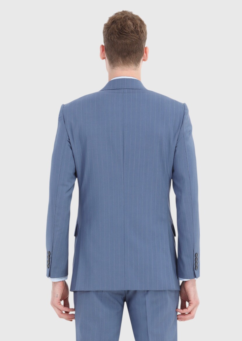 Mavi Çizgili Thin&taller Slim Fit %100 Yün Takım Elbise - 5