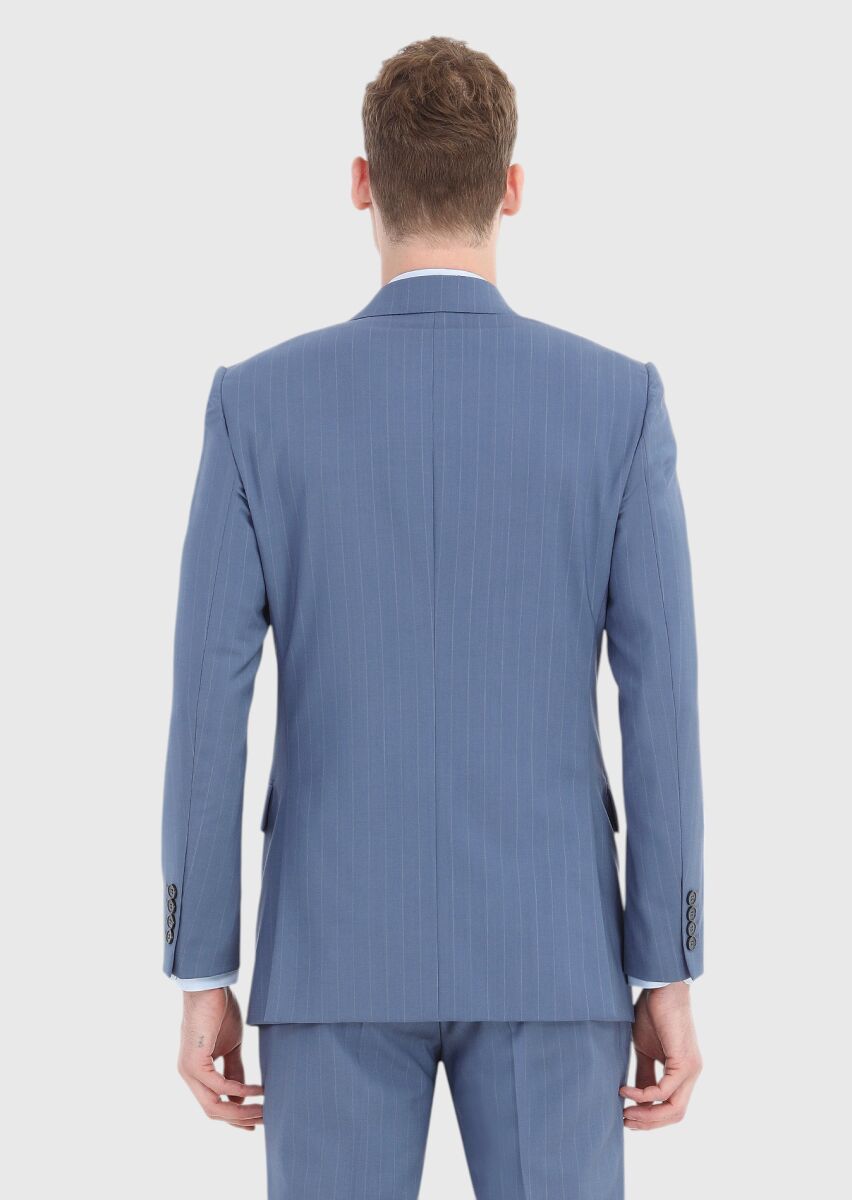 Mavi Çizgili Thin&taller Slim Fit %100 Yün Takım Elbise - 5