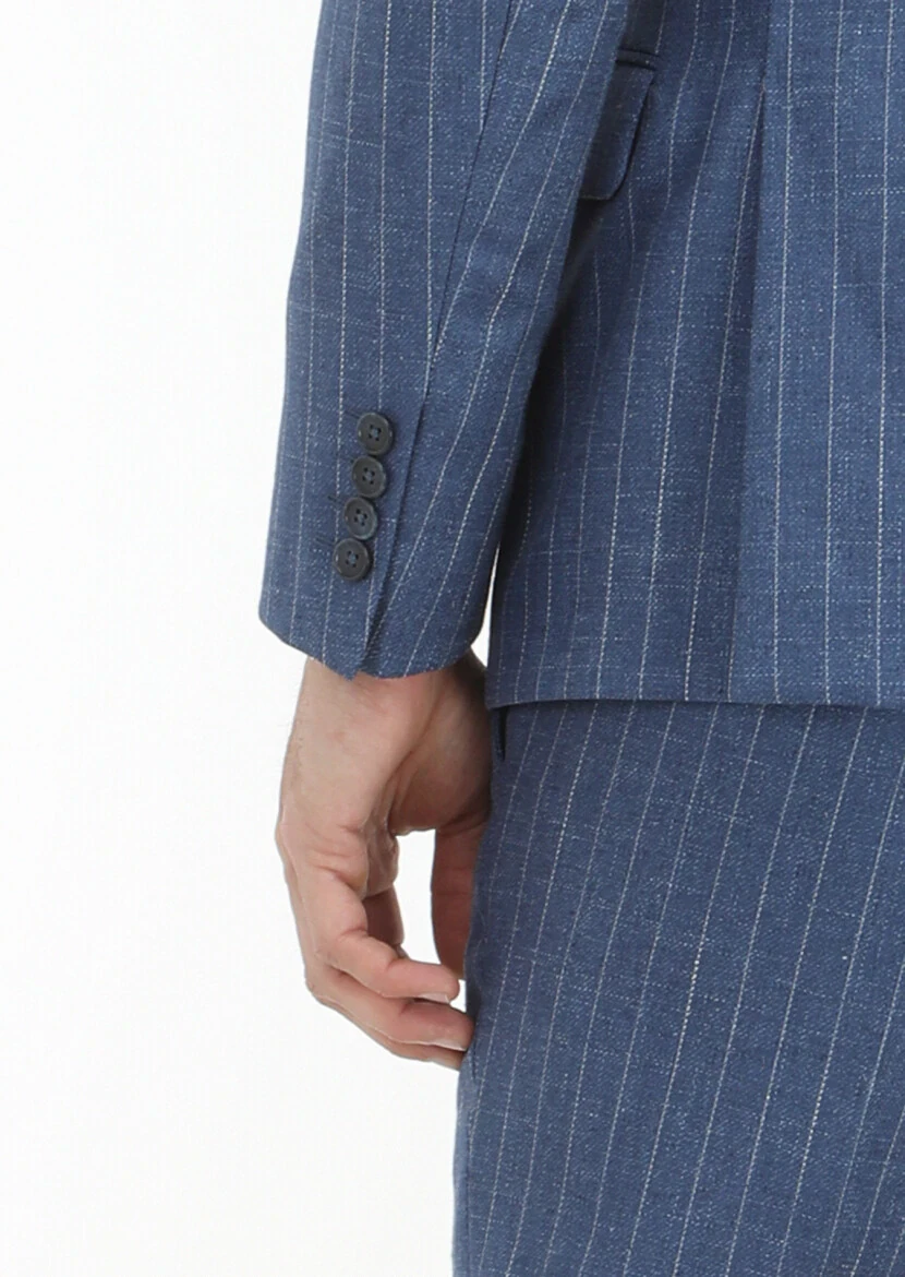 Mavi Çizgili Zeroweight Slim Fit Yün Karışımlı Takım Elbise - 4