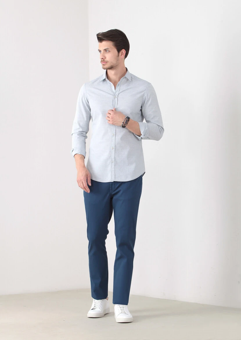 Mavi Desenli Slim Fit Dokuma Casual %100 Pamuk Gömlek - 1