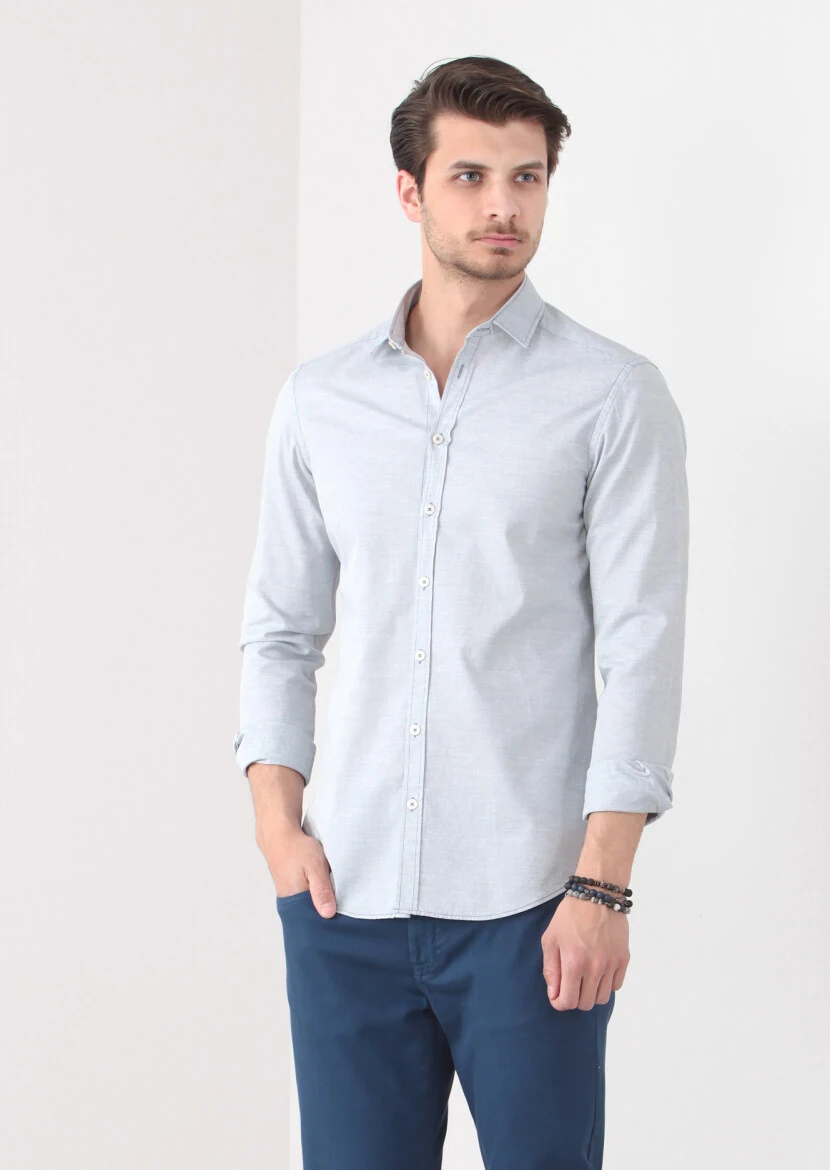 Mavi Desenli Slim Fit Dokuma Casual %100 Pamuk Gömlek - 2