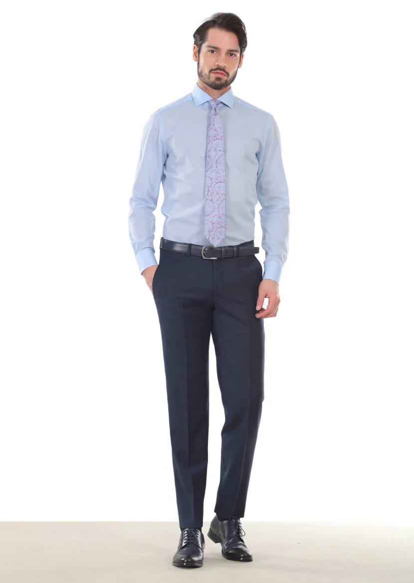 Mavi Desenli Slim Fit Dokuma Klasik %100 Pamuk Gömlek - 1