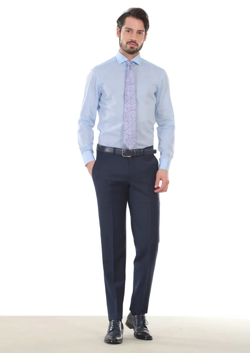 Mavi Desenli Slim Fit Dokuma Klasik %100 Pamuk Gömlek - 1
