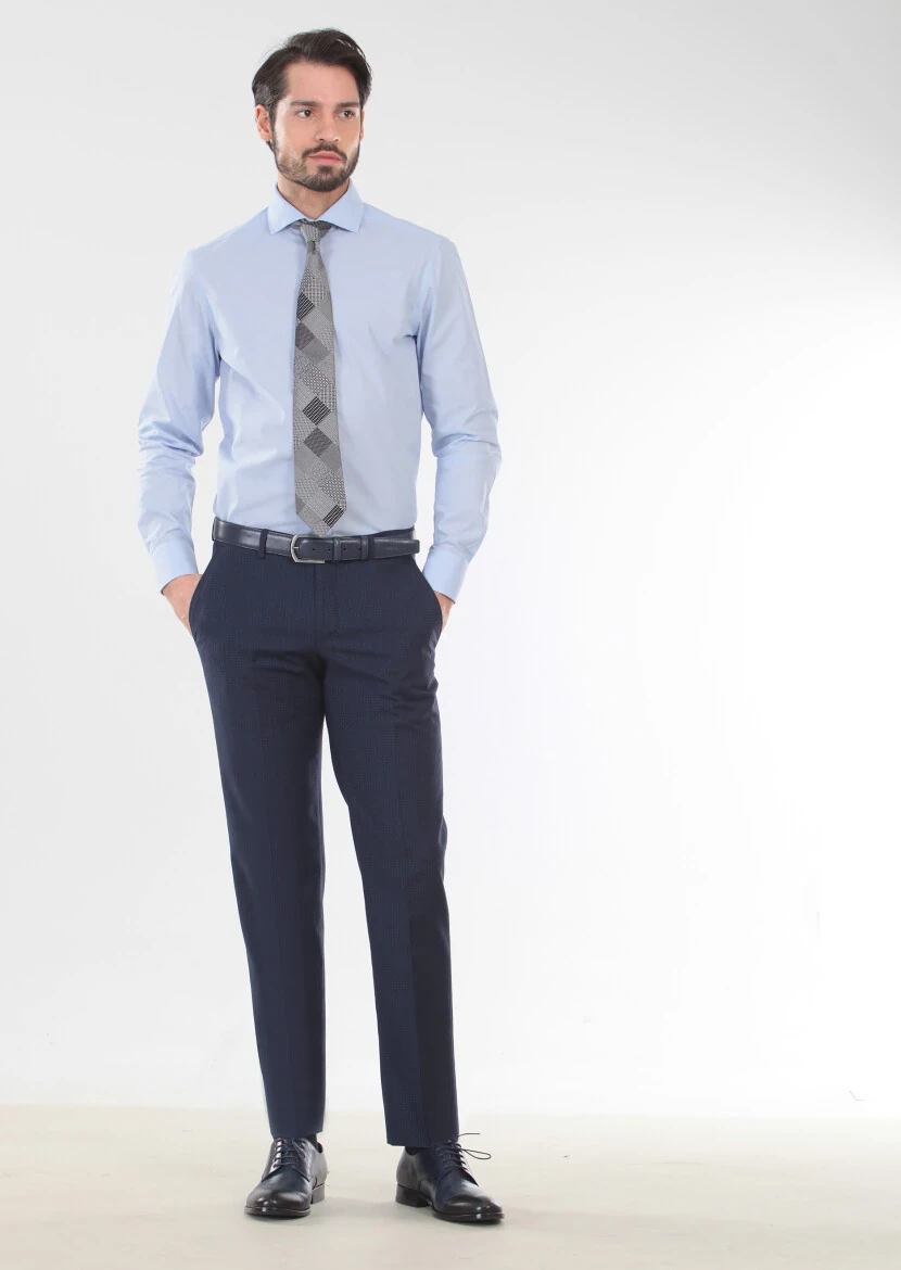 Mavi Desenli Slim Fit Dokuma Klasik %100 Pamuk Gömlek - 1