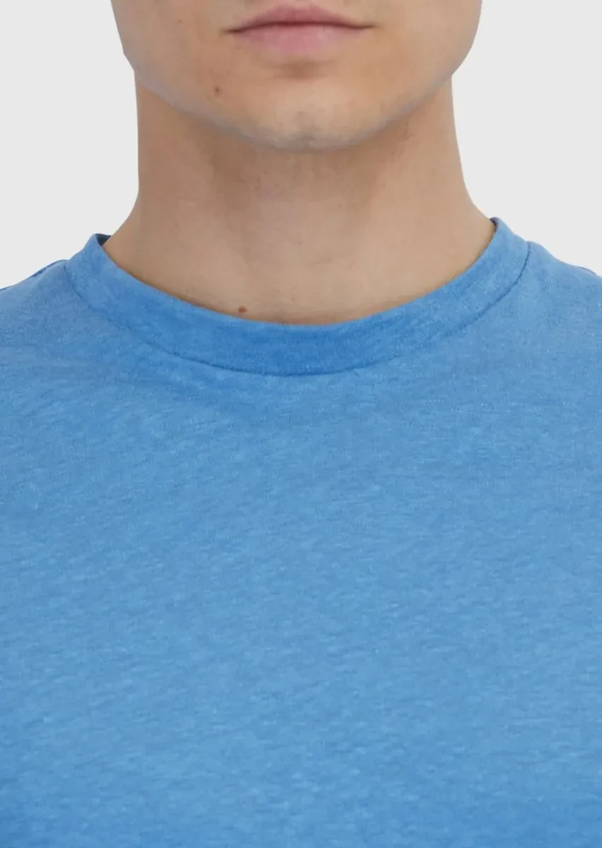 Mavi Düz Bisiklet Yaka %100 Keten T-Shirt - 4
