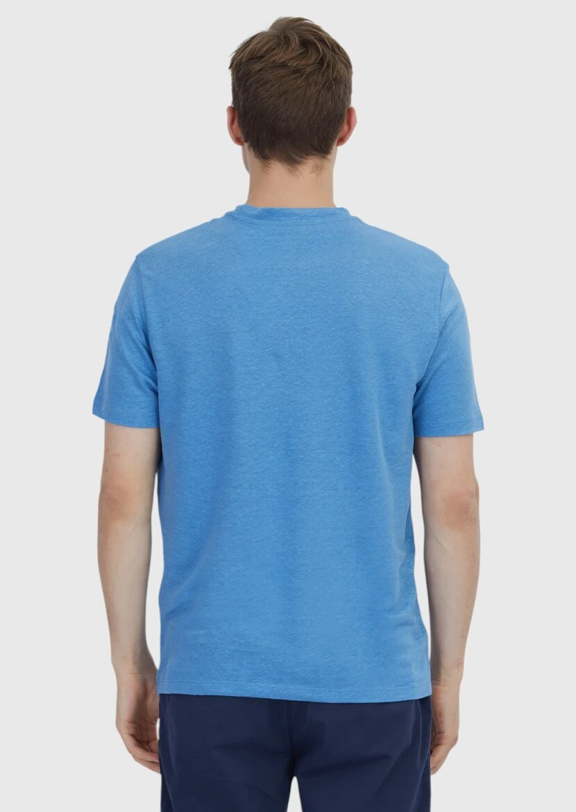 Mavi Düz Bisiklet Yaka %100 Keten T-Shirt - 5