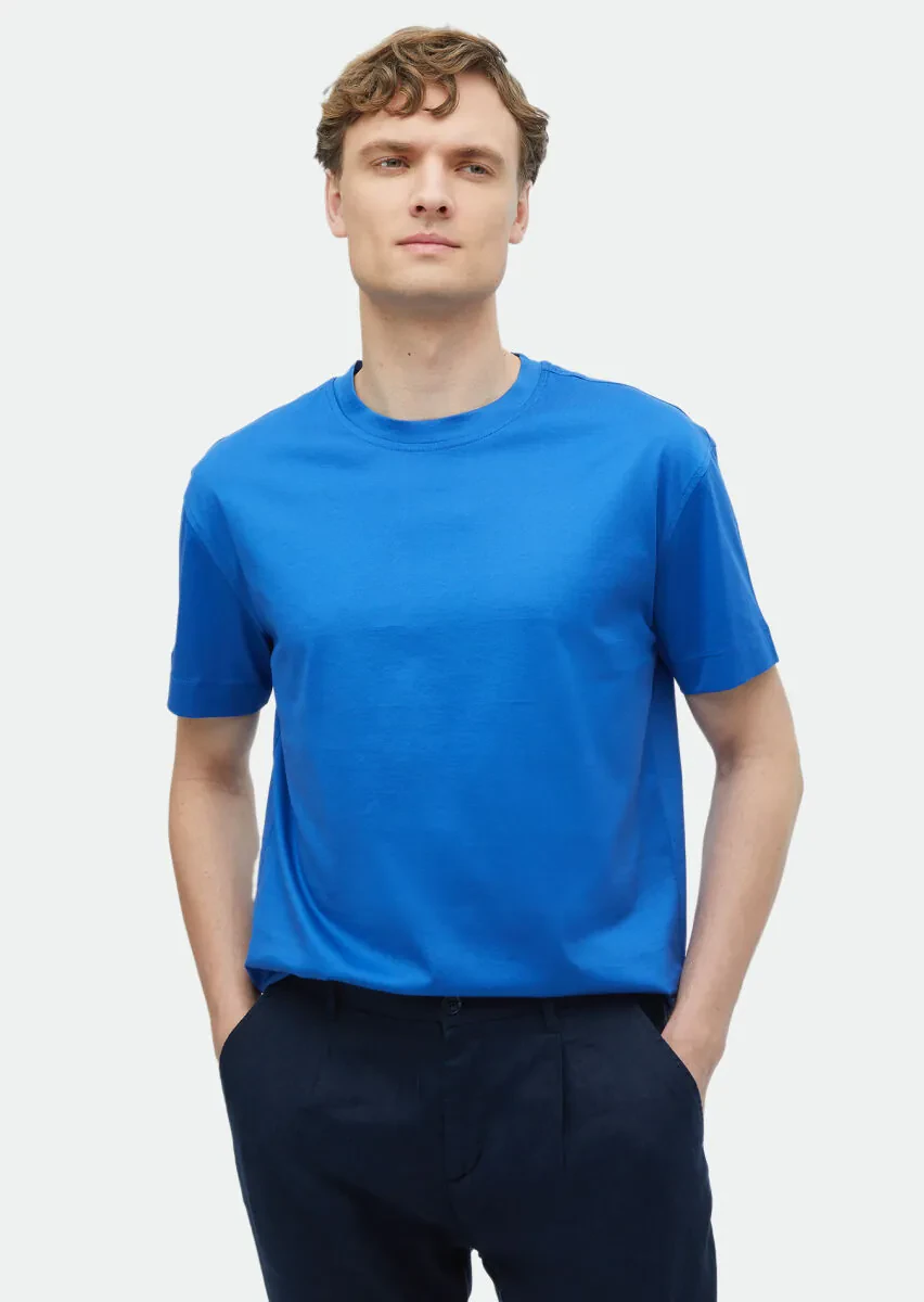 Mavi Düz Bisiklet Yaka %100 Pamuk T-Shirt - 1