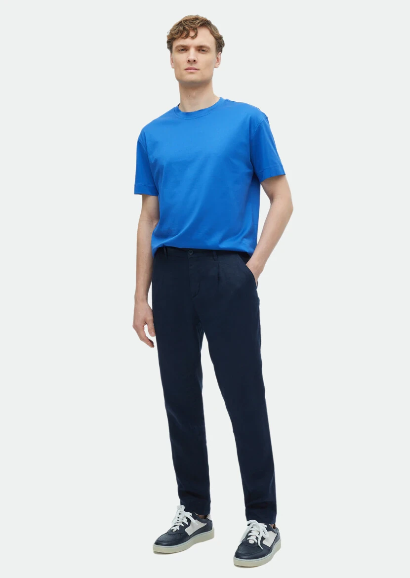 Mavi Düz Bisiklet Yaka %100 Pamuk T-Shirt 