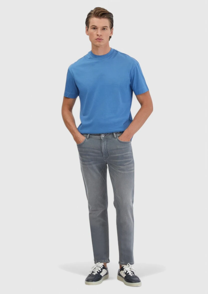 Mavi Düz Bisiklet Yaka %100 Pamuk T-Shirt 