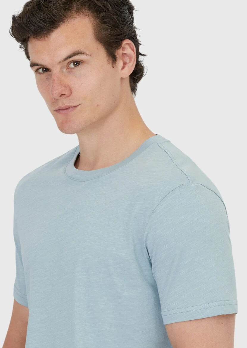 Mavi Düz Bisiklet Yaka %100 Pamuk T-Shirt - RAMSEY