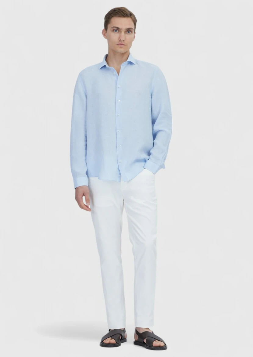 Mavi Düz Casual Fit Dokuma Casual %100 Keten Gömlek - RAMSEY