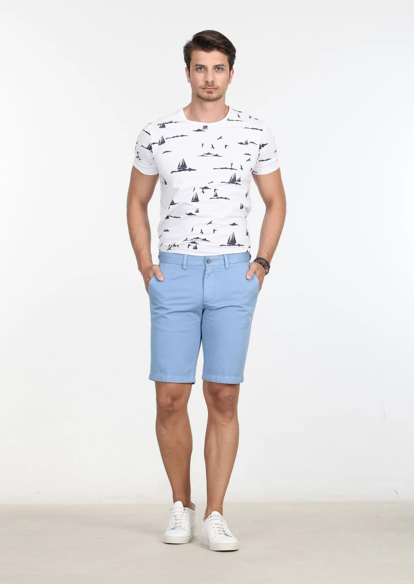 Mavi Düz Dokuma Regular Fit Casual Pamuk Karışımlı Bermuda - 1
