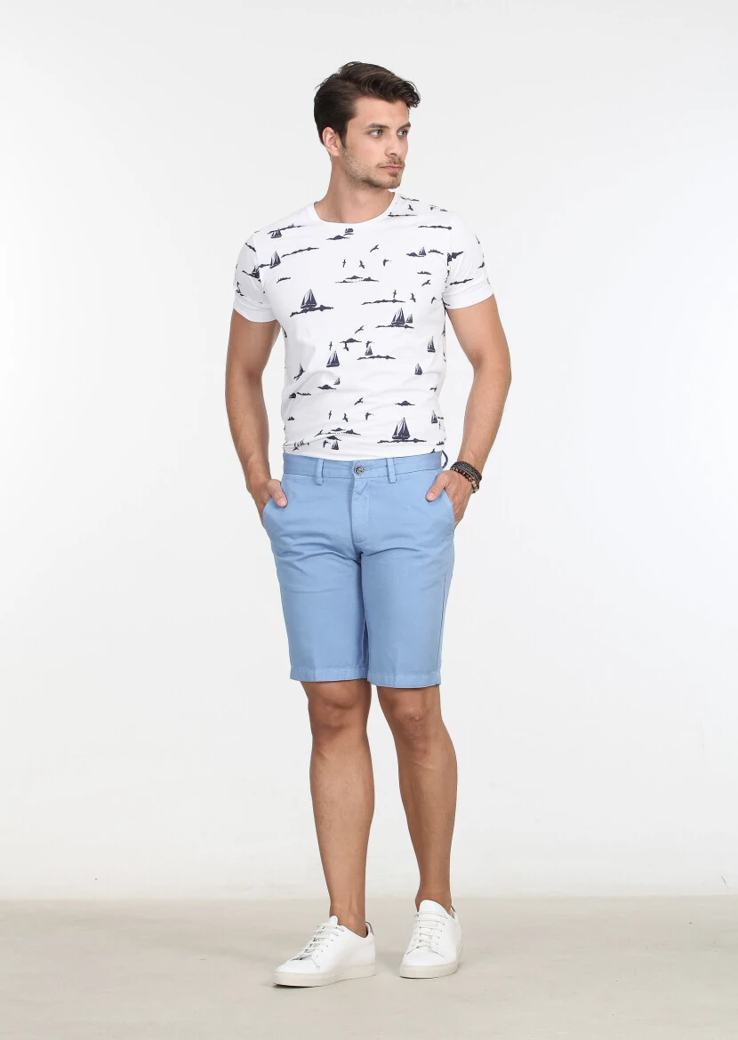 Mavi Düz Dokuma Regular Fit Casual Pamuk Karışımlı Bermuda 