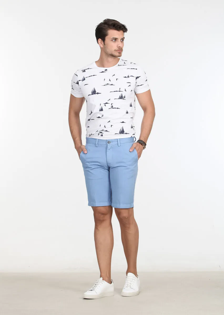 Mavi Düz Dokuma Regular Fit Casual Pamuk Karışımlı Bermuda - 2
