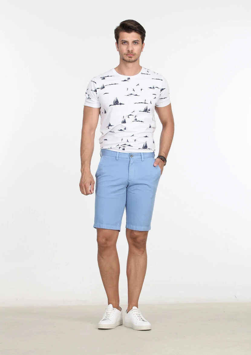 Mavi Düz Dokuma Regular Fit Casual Pamuk Karışımlı Bermuda - 3