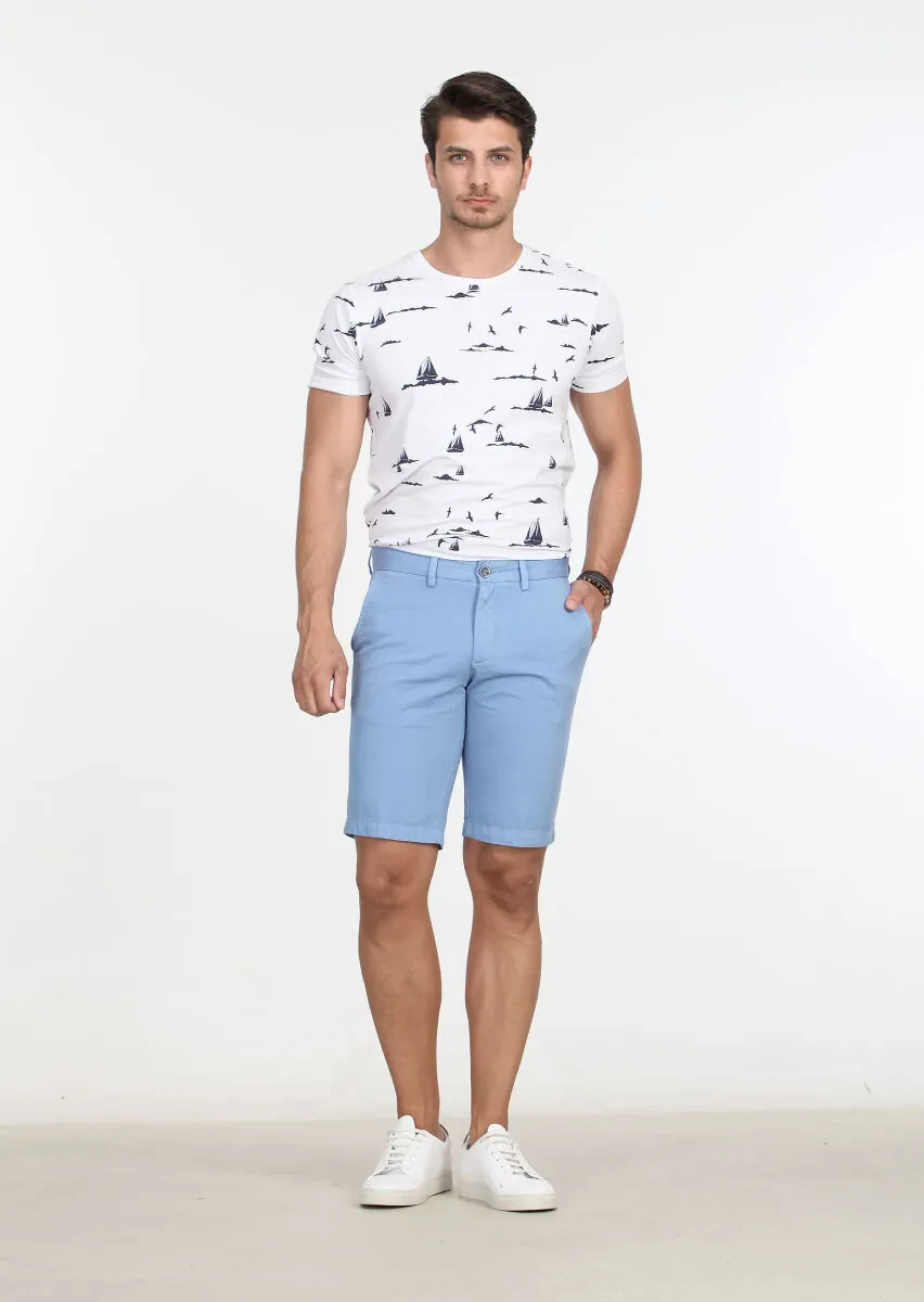 Mavi Düz Dokuma Regular Fit Casual Pamuk Karışımlı Bermuda - 3