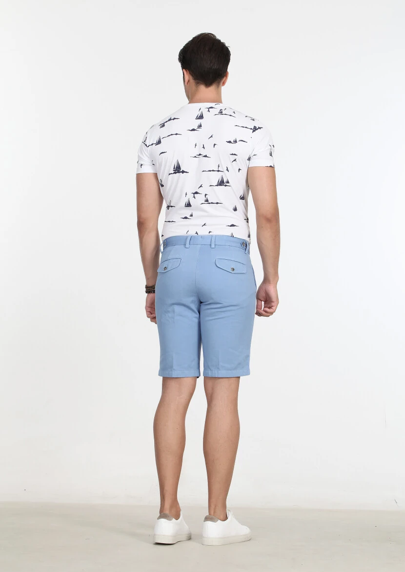 Mavi Düz Dokuma Regular Fit Casual Pamuk Karışımlı Bermuda - 5