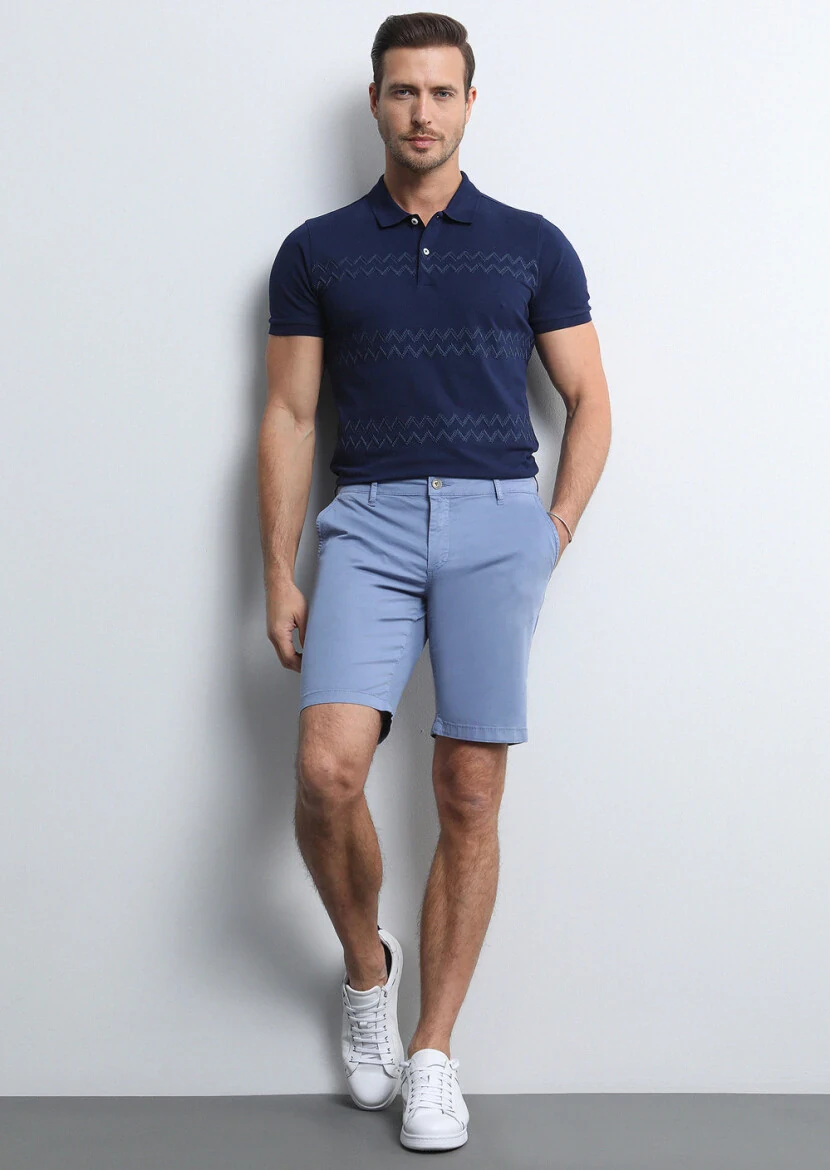 Mavi Düz Dokuma Regular Fit Casual Pamuk Karışımlı Bermuda - 1