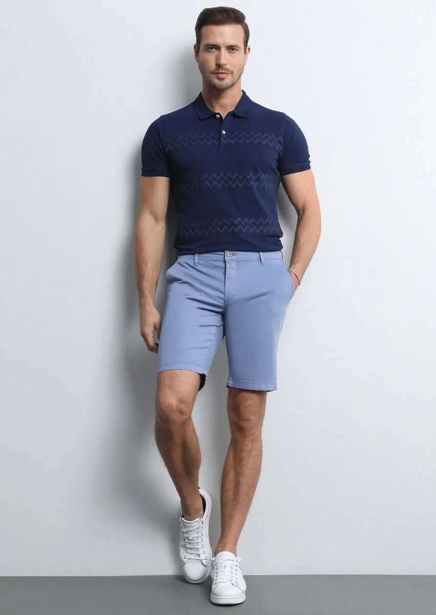 Mavi Düz Dokuma Regular Fit Casual Pamuk Karışımlı Bermuda - 1