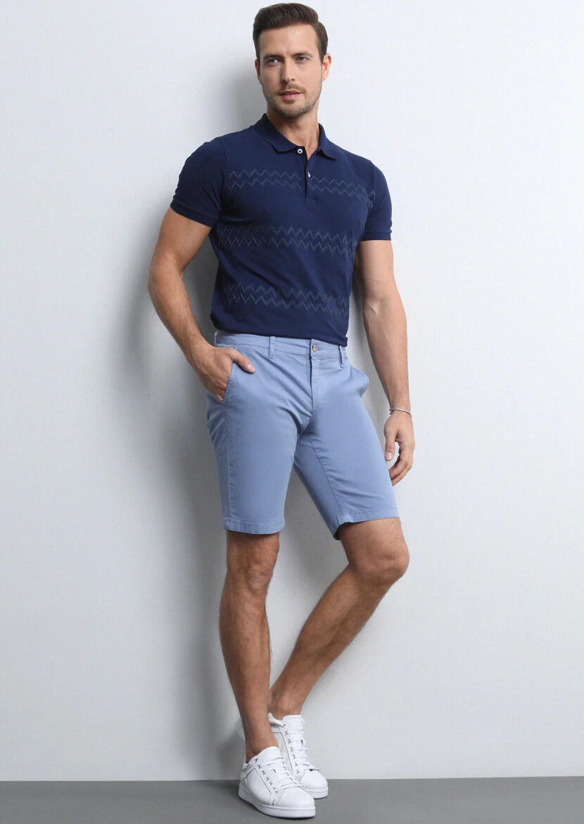 Mavi Düz Dokuma Regular Fit Casual Pamuk Karışımlı Bermuda - 3