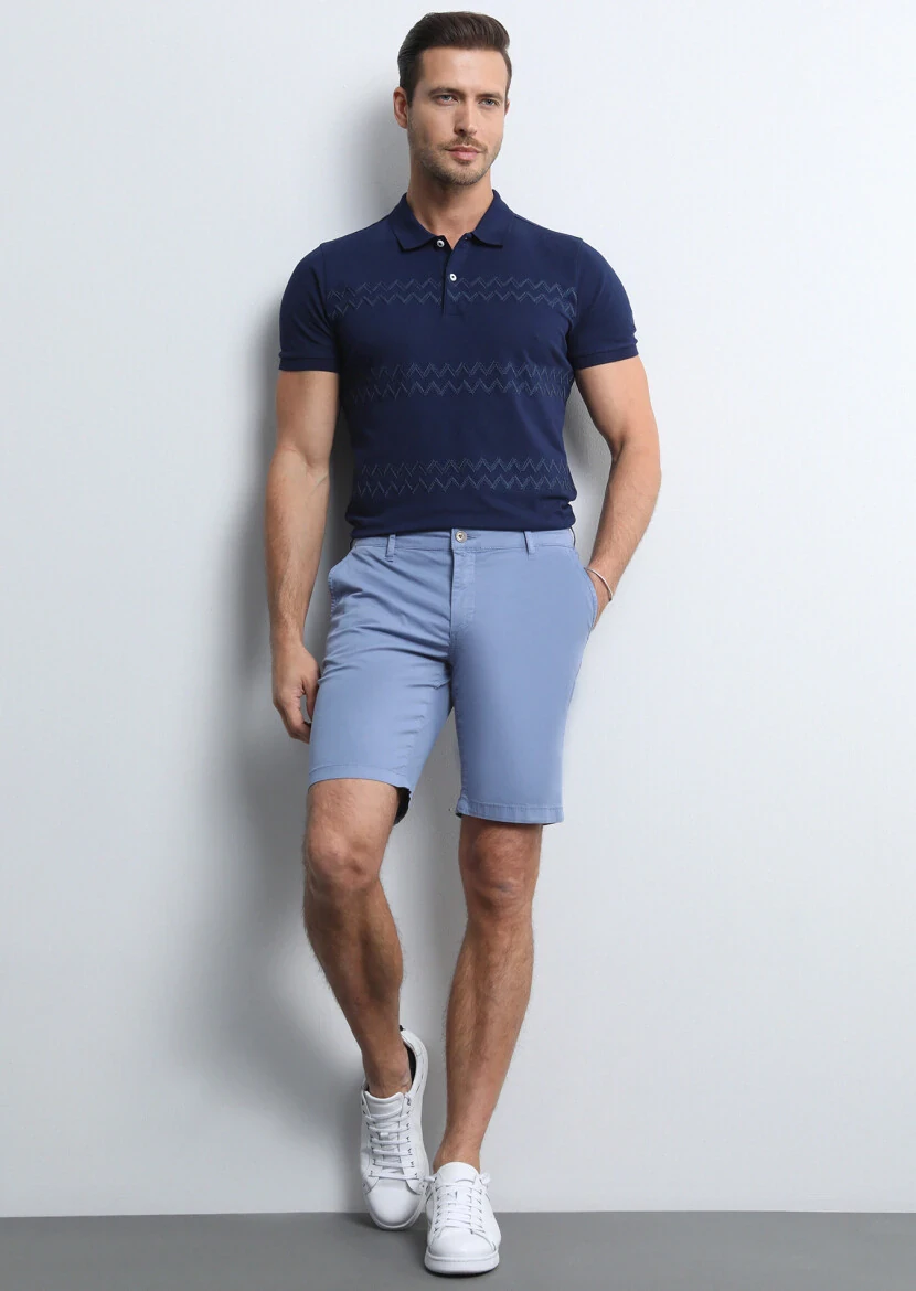 Mavi Düz Dokuma Regular Fit Casual Pamuk Karışımlı Bermuda - 4