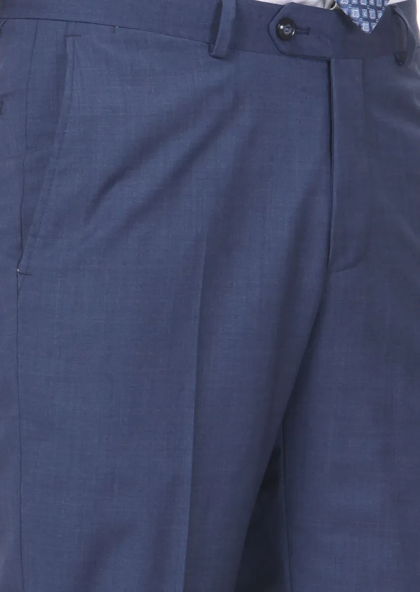 Mavi Düz Dokuma Regular Fit Klasik %100 Yün Pantolon - 3