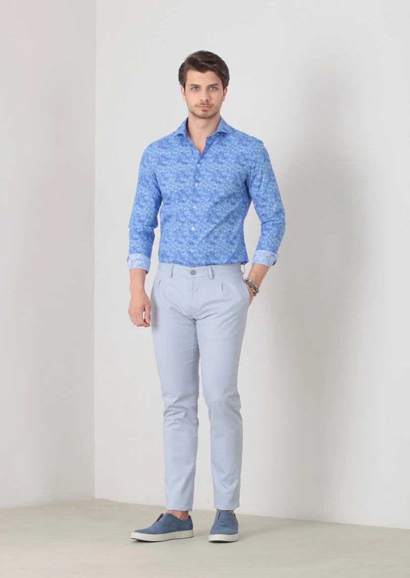 Mavi Düz Dokuma Slim Fit Casual Pamuk Karışımlı Pantolon - 1