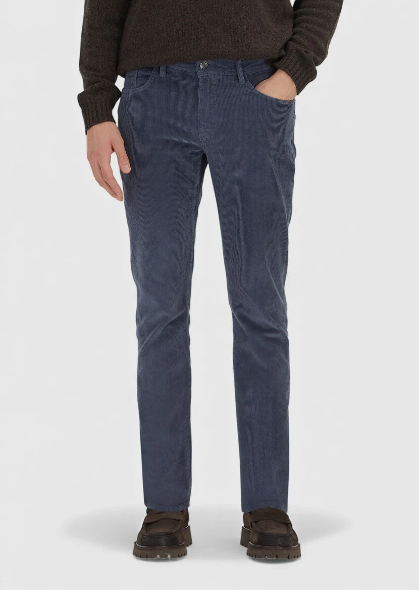 Mavi Düz Dokuma Slim Fit Kadife Casual Pamuk Karışımlı Pantolon - 2