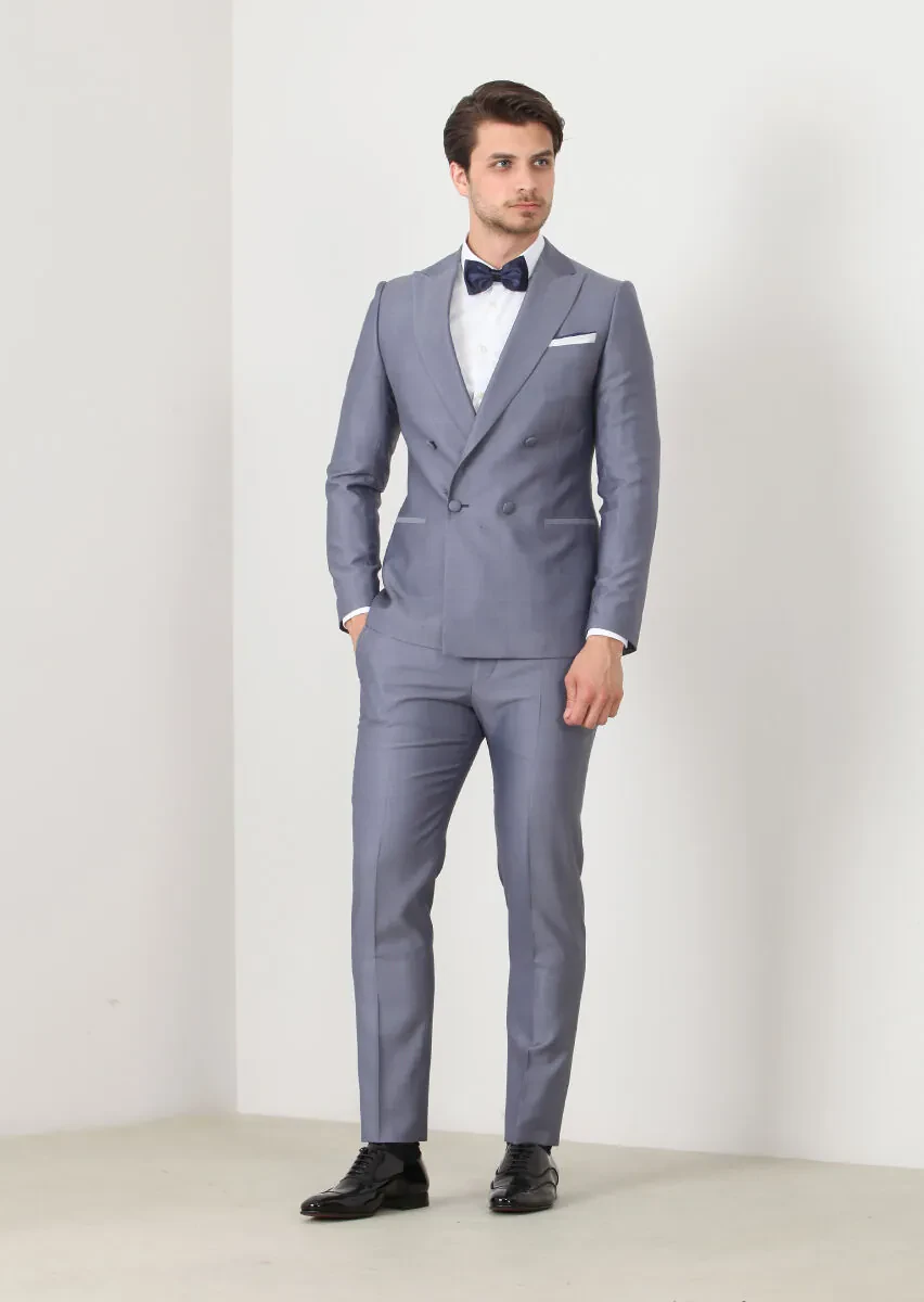 Mavi Düz Fashion Slim Fit Kruvaze Yaka Dokuma Smokin Takım Elbise - 1