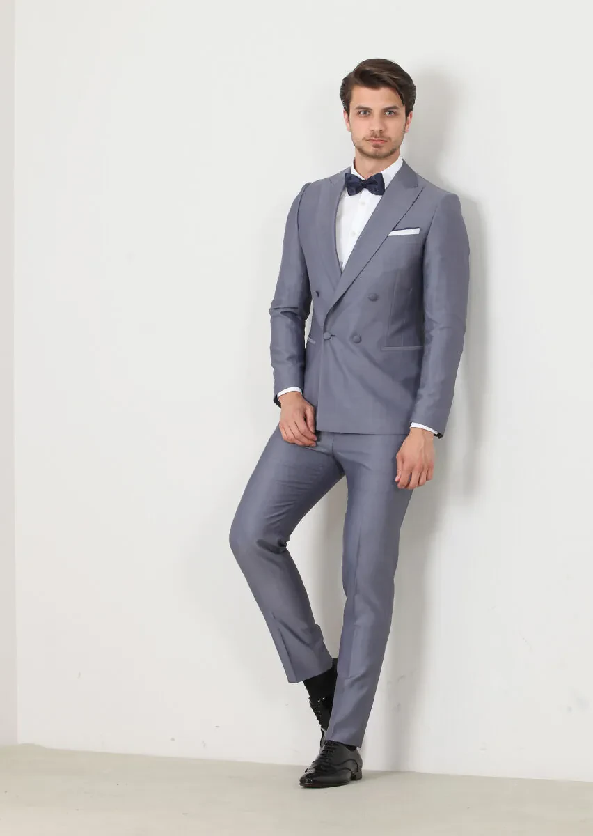 Mavi Düz Fashion Slim Fit Kruvaze Yaka Dokuma Smokin Takım Elbise - 3