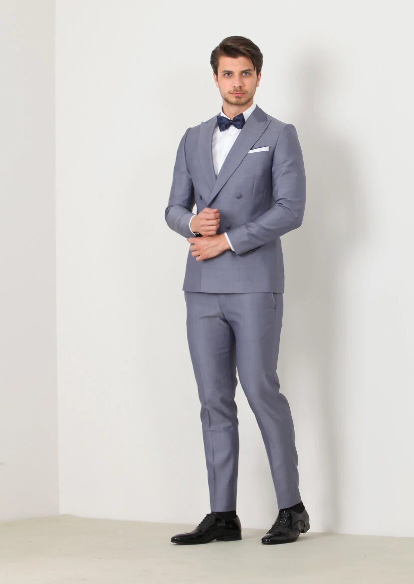 Mavi Düz Fashion Slim Fit Kruvaze Yaka Dokuma Smokin Takım Elbise - 4