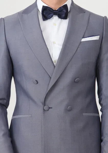 Mavi Düz Fashion Slim Fit Kruvaze Yaka Dokuma Smokin Takım Elbise - 5