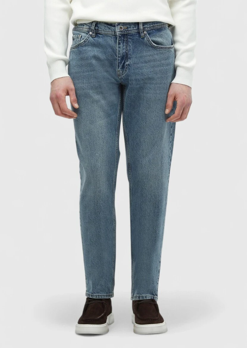 Mavi Düz Loose Fit Denim Pamuk Karışımlı Pantolon - 2