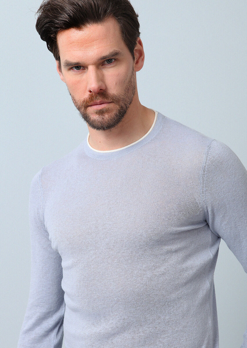 Mavi Düz Örgü Pamuk Karışımlı Triko Kazak - 1