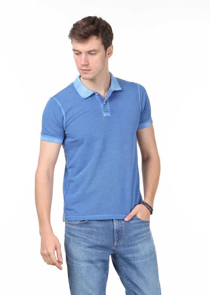 Mavi Düz Polo Yaka %100 Pamuk T-Shirt - 1