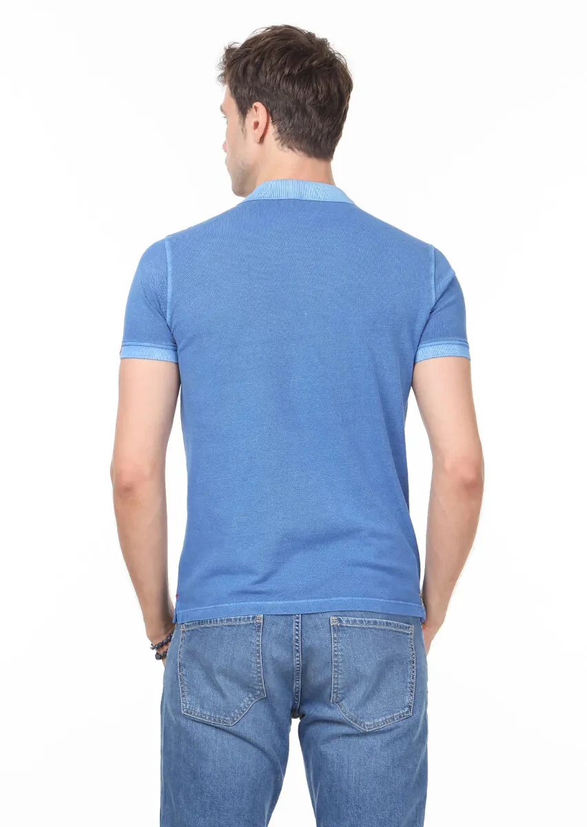 Mavi Düz Polo Yaka %100 Pamuk T-Shirt - 4