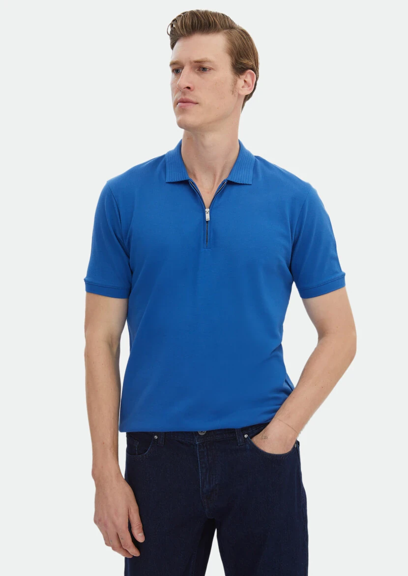 Mavi Düz Polo Yaka %100 Pamuk T-Shirt - 1