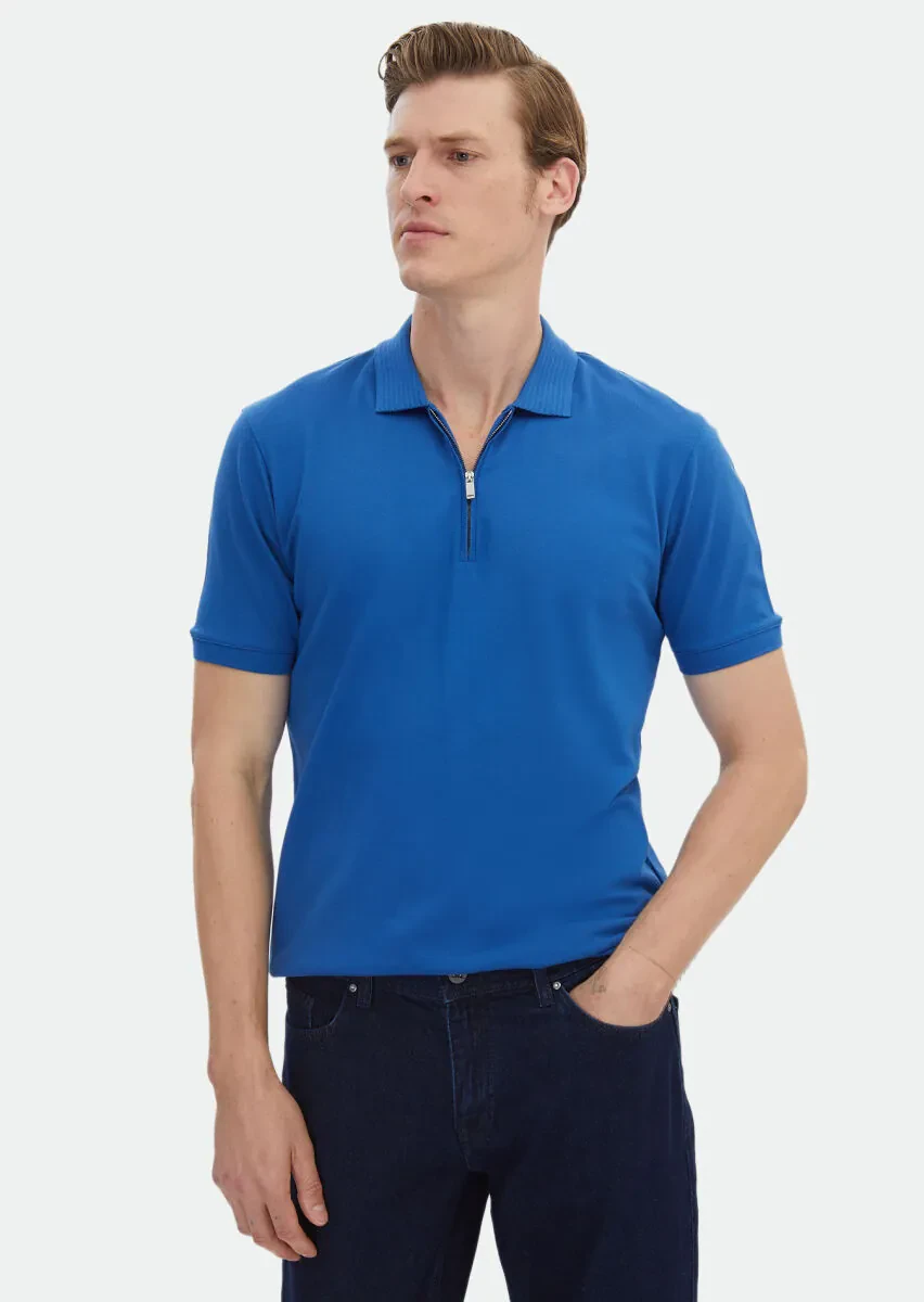 Mavi Düz Polo Yaka %100 Pamuk T-Shirt - 1