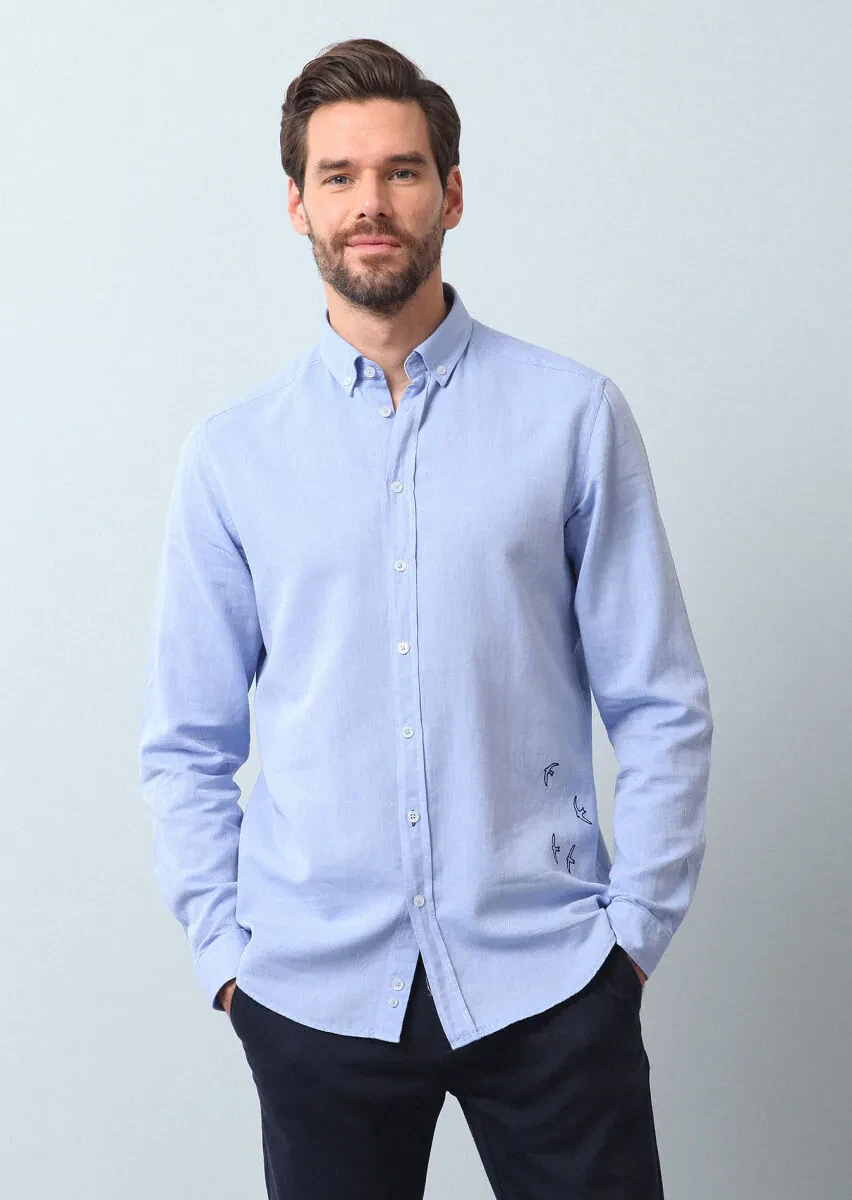 Mavi Düz Regular Fit Dokuma Casual %100 Pamuk Gömlek - 4