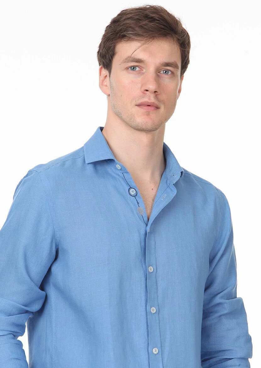 Mavi Düz Regular Fit Dokuma Casual Pamuk Karışımlı Gömlek 